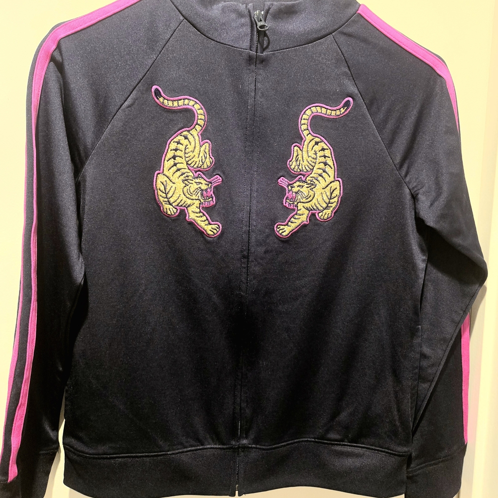 Vintage PLACE Girl's L (10-12) Black Track Jacket with Tiger Embroidery